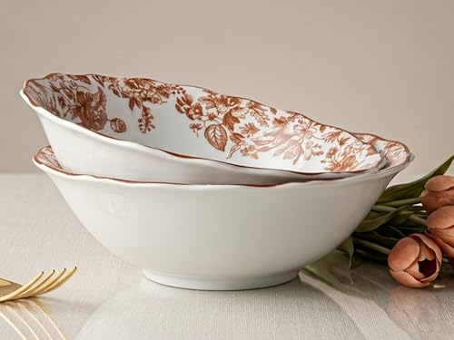 Image of Bodhi House 2-Piece Brown Leaf White Porcelain Serving Bowl Set | Lightweight, Chip Resistant, | Microwave & Dishwasher Safe | Elegant Tableware for Home Dining, Parties, Serving & Gifting Use