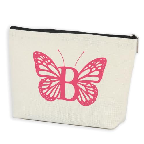 AOZHUO Initial Makeup Bags for Women Lined Monogram Cosmetic Bag Birthday Gifts for Women Girls Bridesmaid Best Friends Sisters, Travel Toiletry Bag, Pink Butterfly Letter B