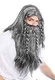 Nuevo y en empaque original! WIG ME UP- RJ033-P103-68 Peluca Larga y Barba Trenzada para Hombre Carnaval Vikingo bárbaro Enano Germano Viejo Colores Gris Negro Blanco entrecano