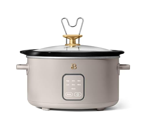 4-Quart Slow Cooker with Touch-Activated Display by Drew Barrymore, Programmable Digital Controls, Removable Ceramic Pot, Keep Warm Setting, Modern Sleek Design (Porcini Taupe)