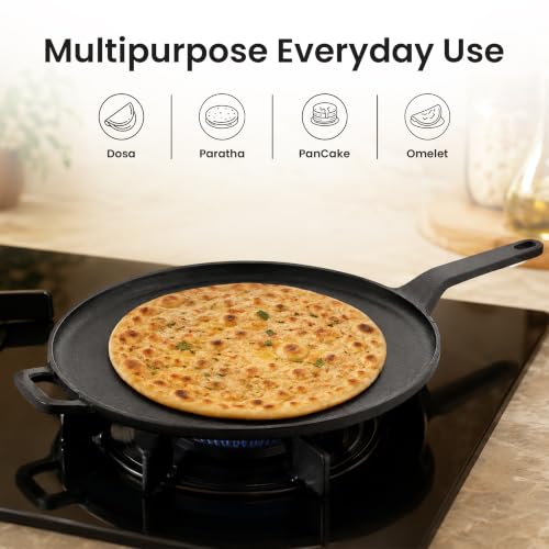 Image of HomeEssentials Non-Stick 28cm Cast Iron Dosa Tawa with Silicone Handle | Non-Stick Cooking & Serving Pan for Dosa, Chapati, Roti, Pizza, Pancakes, Omelets and Daily Cooking