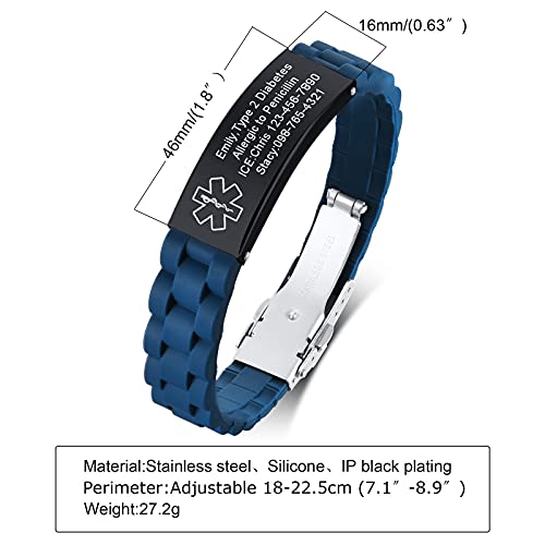 Vnox Blue Medical Alert Bracelets For Men & Women With Adjustable Sport Silicone Medical Id Bracelets Wristband #TOP5