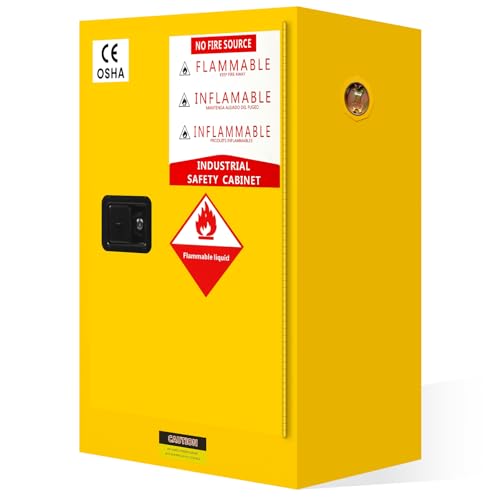 30 Gallon Red Flammable Safety Cabinet, NFPA & OSHA Compliant, Fireproof 14GA Steel Cabinet with Adjustable Shelf, 3-Point Lock, Manual-Closing Doors, Vent System (Yellow 23"W x 18"D x 35"H)