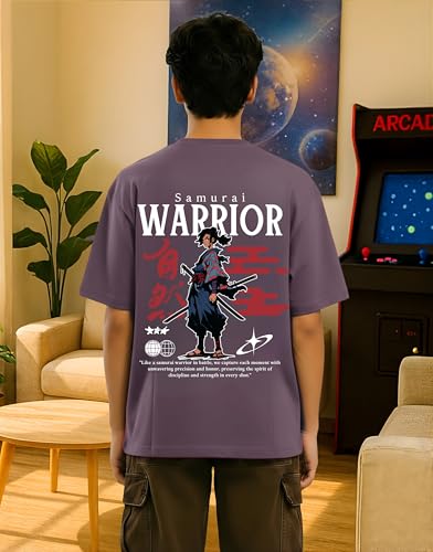 Image of Samurai Warrior Oversized T-Shirt for Kids 4-17 Years | Anime Samurai Front & Back Print | Boys & Girls Cotton Casual Tee