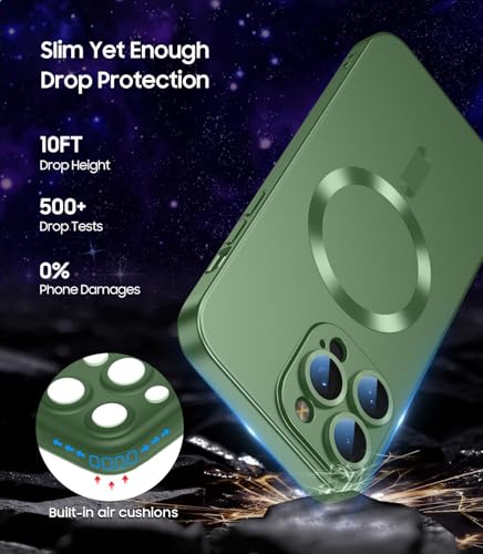 Image of DIZORO Magnetic Case for iPhone 14 Pro Max Cover [Compatible with MagSafe][Built-in Camera Lens Protector] Slim Soft Silicone Bumper Shockproof Metallic Luster Back Cover Phone Cases (Pine Green)
