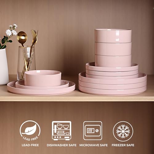 GBHOME Geschirrset für 4 Personen, 12-teiliges Steingut-Set mit gesprenkeltem Design & glasiertem Boden, kratzfest & splitterfest, spülmaschinenfest & mikrowellengeeignet,Rosa