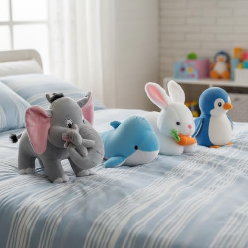 Image of Pack of 4 Elegant Soft Toys Combo Set Penguin /Elephant with Baby /Dolphine /Rabbit Toy Animals for You - (Multicolor)