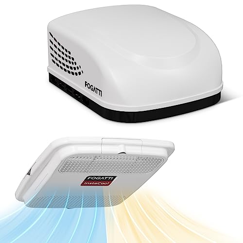 FOGATTI RV Air Conditioner with Heat Strip, 15000 BTU Non-Ducted RV AC, 115V, All-in-One Unit RV Rooftop AC for Cooling and Heating, Air Distribution Box & Remote Controller (White)