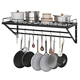 Heavy-Duty Iron Construction: Built with robust iron. The thickened frame and quality coating are used for reliable long-term performance, providing secure and reliable storage for your heavy pan organizer Ample Storage with 12 Hooks: With 2 bars and...