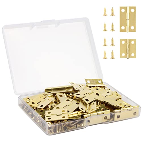 VIPMOON Scharniere Klein, 70 Stück Super Mini Scharniere 24 x 15mm + 18 x 15mm Retro Messingscharniere Minischarniere Türscharnier mit Schrauben für Holzkiste Modellbau Schmuckkästchen Schrank, Gold Cover