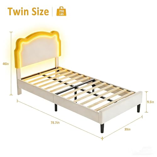 Image of GarveeHome Twin Upholstered Smart LED Bed Frame with Headboard, Velvet Princess Platform Bed Frame for Kids, Wooden Slats Support, No Box Spring Needed (Off-White)