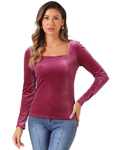 Image of Allegra K Velvet Top for Women's Square Neck Long Sleeves Solid Casual T-Shirt Saree Blouse Hot Pink S