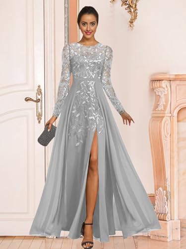 Sparkly Sequin Mother of The Bride Dresses for Wedding Long Chiffon Formal Evening Gown with Sleeves3