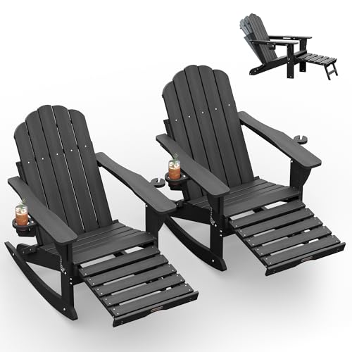 CIOKEA Folding Adirondack Rocking Chairs Set of 2 with Retractable Ottoman 4-in-1 Outdoor Adjustable Adirondack Chair with Cup Holders All-Weather HDPE Rocker for Porch Deck Patio Poolside (Grey)
