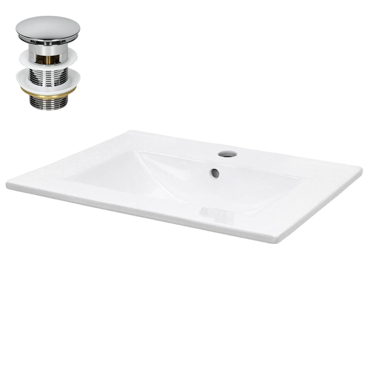 ECD Germany Lavabo da Incasso 610 x 465 x 175 mm in Ceramica Bianca incl. Set di Scarico con Troppopieno Lavandino Rettangolare Lavamano per Bagno con Piletta Tappo per Scarico