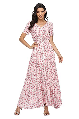 Image of VintageClothing Women's Floral Maxi Dresses Boho Button Up Split Summer Casual Long Dress Beach Party Dress