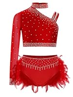 Haut de danse au design irrégulier unique Épaule avec manches longues en maille transparente d'un côté et doubles bretelles de l'autre Culotte de danse avec strass scintillants sur le devant et plumes dans le dos pour que votre fille se démarque du s...