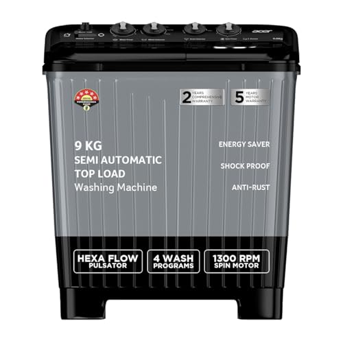 Image of Acer 9.0 Kg 5 Star Semi-Automatic Top Loading Washing Machine (AR90SAMBGL124D, Black-Grey, 4 Wash Programs, Hexa Flow Pulsator, Advanced Lint Filter)