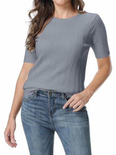 Image of SANGTREE Women's Cable Knit Half Sleeve Sweaters, Crew Neck Solid Color Knitted Summer Pullover Tops