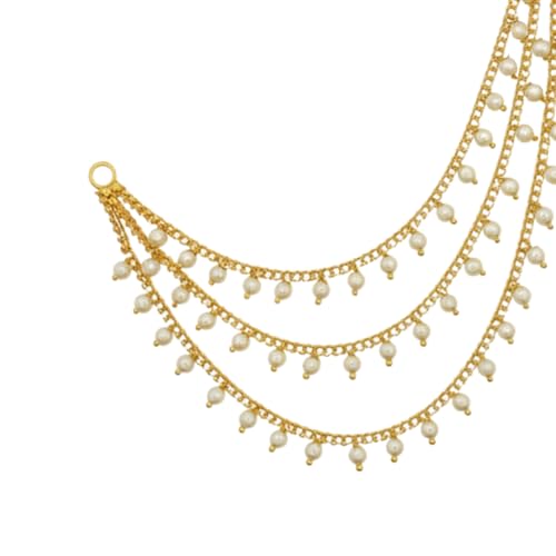 Image of Traditional Gold Plated Alloy Ear Chain Pair with Kundan & Pearl Dangling Design | 3 Layer Bridal Ear Chain for Women