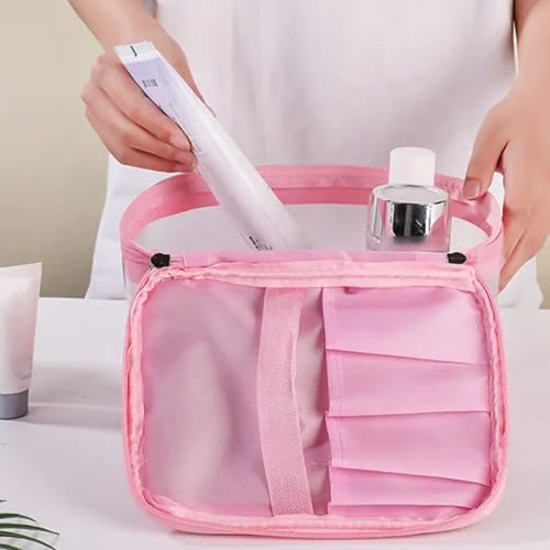 Image of Transparent and PU Waterproof Cosmetic Wash Bag (Pink, Square Shape) - Travel Toiletry Organizer Pouch with Zipper & Handle for Makeup & Skincare (21.5W x 15B x 16H cm, Pack of 1)