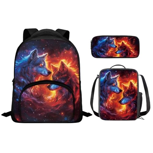 Ystardream Flaming Wolf Backpack for Preschool Boys Kindergarten Backpack With Lunch Box School Bags Kids Back To School Book Bag with Lunch Box Pencil Case Toddler Child