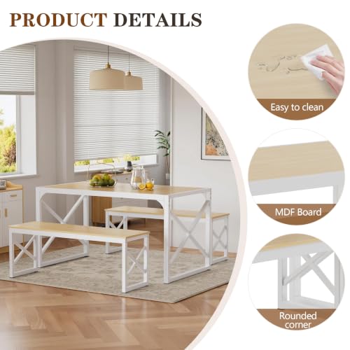 Image of VECELO 55 inch Kitchen Dining Table Set for 4, Heavy-Duty Steel Frame & Wood-Grain Tabletop, Space-Saving Dinette Sets with 2 Benches for Breakfast Nook and Small Space, Natural