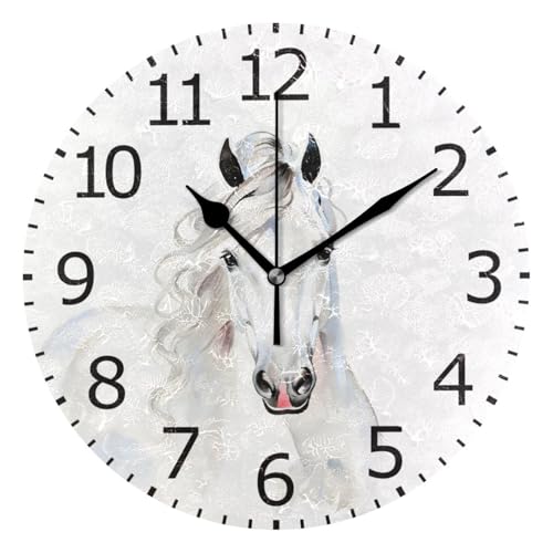 ALAZA Non-Ticking Round Clock, White Horse Decorative Battery Operated Wall Clock for Desktop Break Room Apartment Shop