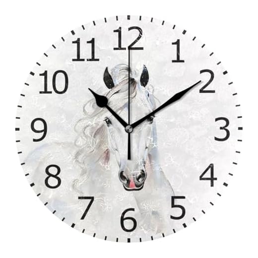 ALAZA Non-Ticking Round Clock, White Horse Decorative Battery Operated Wall Clock for Desktop Break Room Apartment Shop