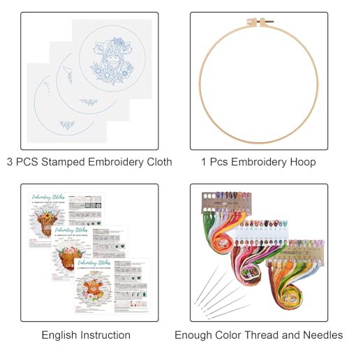 Image of Louise Maelys 3 Sets Highland Cow Embroidery Kits for Beginners,Cross Stitch Kit for Adults,Starters DIY Needlepoint Including Embroidery Hoop Cloth Needles Instruction and Threads