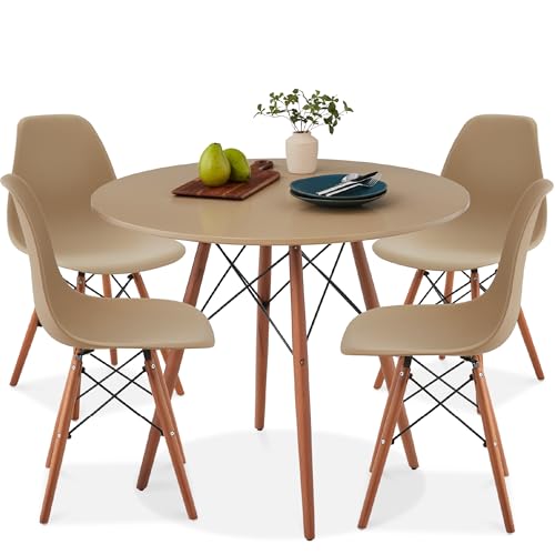 Best Choice Products 5-Piece Dining Set, Compact Mid-Century Modern Table & Chair Set for Home, Apartment w/ 4 Chairs, Plastic Seats, Wooden Legs, Metal Frame - Beige/Walnut