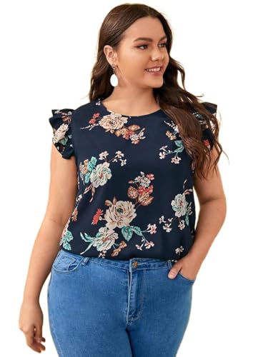 Image of KOTTY Womens Floral Flutter Sleeve Empire Navy Blue Button Boat Neck Top
