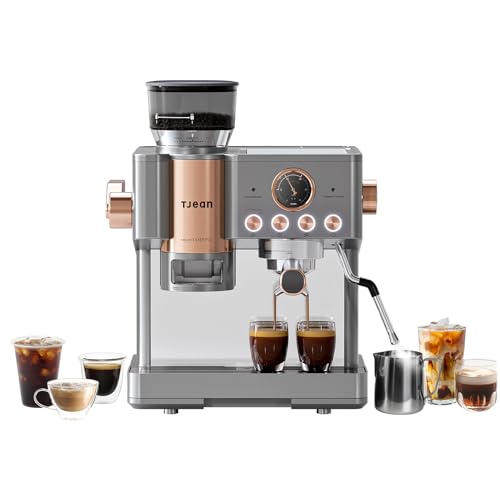 Tjean Barista Senso - Macchina per caffè espresso a vapore, con macinino e montalatte manuale, 3 in 1, 20 bar, sistema di pressione, serbatoio acqua da 2,8 l (grigio-oro)