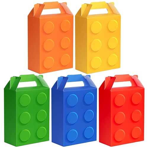 VELATYVIO 30Pcs Building block party favor boxes 5 Colors Building block gift bag with Handles for Themed Birthday Party Decoration Candy Cookie Snack Supplies 5.91 x 3.15 x 8.27 Inches
