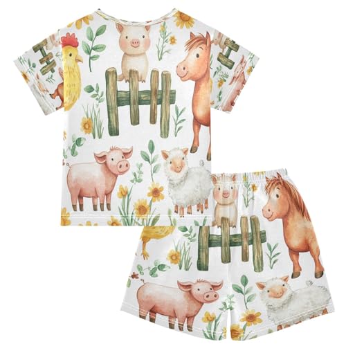 Pajama Sets Short Sleeve Farm Animals on Fence Soft Cotton Summer Sleepwear 2 Piece PJS Size 5-14T2