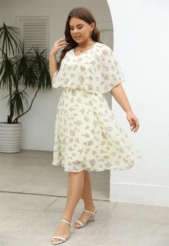 Image of Keluummi Plus Size Wedding Guest Dress for Curvy Women, Boho Floral Empire Waist Midi with Sleeve