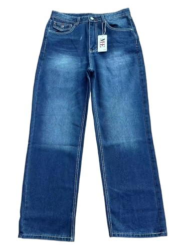 Men's Vintage Indigo Denim Jeans with Bold Red Contrast Stitching, Buttoned Back Pockets Flap Workwear Caual Pants