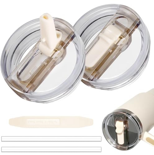 2 Pack 30 oz Tumbler Flip Straw Lid for Stanley Quencher ProTour Leak Proof Lid Replacement for Stanley H2.0 Quencher Spill Proof Reusable Lid for Stanley Cup Accessories(Cream & Cream 30 oz)