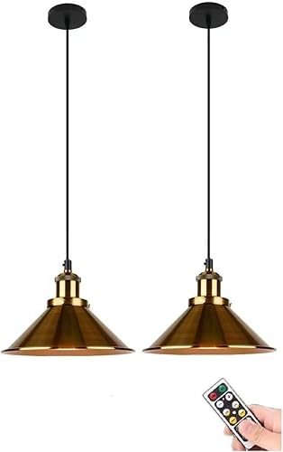 Miniatura 1 de 2 Pack Industrial Pendant Lights Battery Operated with Remote,Indoor Non Hardwired Hanging Lights Fixtures,Gold Vintage Pendant Lighting Lamp for
