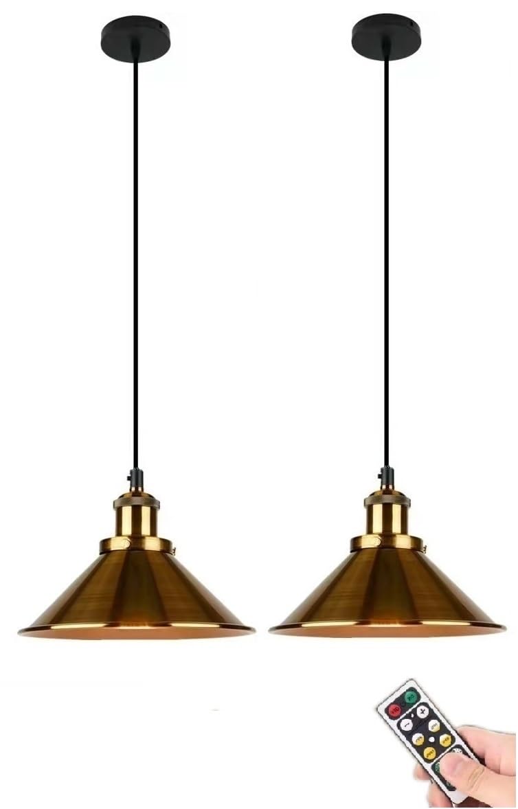 Industrial Pendant Lights Battery Operated with Remote Set of 2,Indoor Non Hardwired Hanging Lights Fixtures,Black Vintage Pendant Lighting Lamp for Farmhouse Kitchen Island Bedroom Bar (Color : Gold