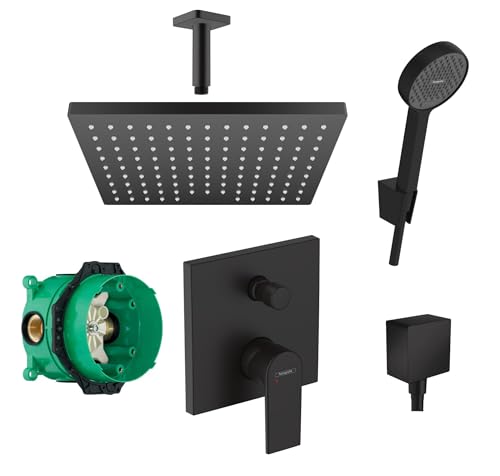 Hansgrohe Duschsystem mit Unterputz Duscharmatur von Hansgrohe Regendusche mit Armatur, Duschkopf eckig, Deckenarm Dusch-SET HGSK02 schwarz matt