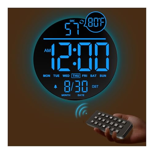 JALL 10" Large Digital Wall Clock, with Remote Control, Timmer, Dimmer, LED Display, 8 RGB Color, Auto DST, Temperature, Deco for Bedroom, Living Room, Office, Classroom, Birthday Gift,Xmas Gift, Blue