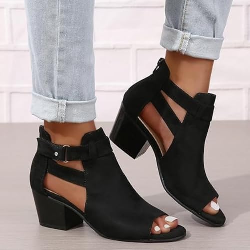 Womens Suede Peep Toe Chunky Heels Ankle Booties with Ankle Strap Cutout Wedge Back Zipper Sandals Dress Walking Boots3