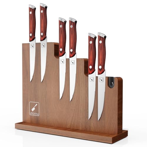imarku Steak Knives Set of 6,Japanese HC Steel Premium Serrated Steak Knife Set & Magnetic Knife Block 13 x 10 Inches, Double Sided Magnet Knife Stora