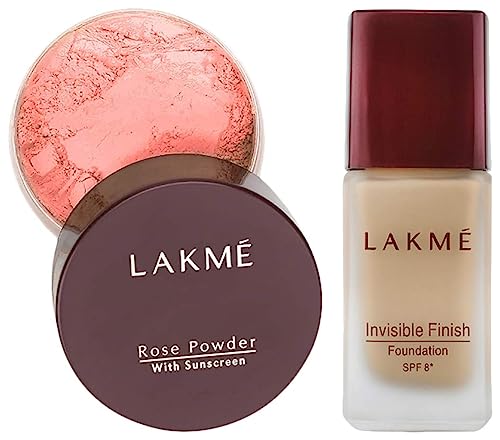 Image of LAKME Rose Face Powder, Warm Pink, 40G And Invisible Finish For Oily Skin Spf 8 Natural Liquid Light Coverage Foundation, Shade 04, 25Ml, 1 Count