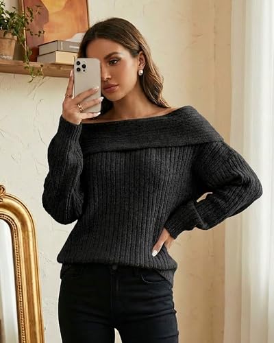 Image of Womens Off The Shoulder Sweater Fall Knitted Pullover Tops | Oversized Long Sleeve Loose Ribbed Knit Clothes, Sexy Elegant Going Out Tops, Cute Baggy Winter Outfits
