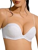 Upushall Push Up Strapless Bra with Clear Straps Covertible Plunge Lace Padded Add 2 Cups Low Cut Underwire Bras for Women White 34C