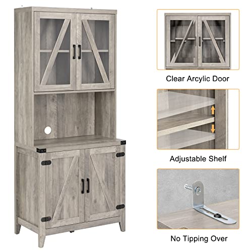 Image of VINGLI 67 inch Kitchen Pantry Storage Cabinet,Farmhouse Freestanding with Microwave Stand,2 Cabinet,Adjustable Shelves