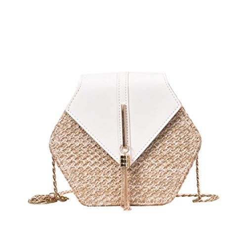 Runde Rattan Korbtasche Handgemachte Weave Schultertasche Sommer Strand Schultertasche Boho Stil mit Quaste Dekor, weiß, One size Cover