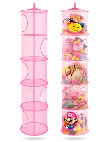 Image of coastal rose 2Pcs Hanging Stuffed Animal Storage Hammock Net 5 Tiers, Pink | Hanging Mesh Storage Organizer for Kids Room, Holds Plushies, Gloves, Hats, Socks, Foldable Space-saving Design